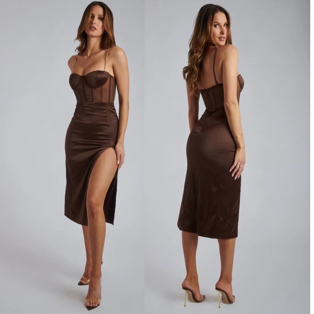 Meshki Brown Satin Corset Dress Bodycon Midi Thigh Slit Sexy Night Out Size M